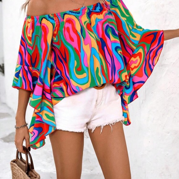 Vibrant Multicolor Swirl Off-Shoulder Blouse - Picture 2 of 9